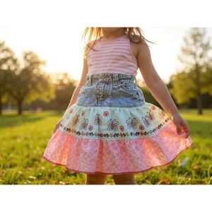 GreenDog y2k GirlsDenim Tiered Ruffle Skirt Butterflies Flowers Pink Light Blue